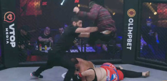 The Referee Fights a Spectator Who Burst Into The Cage to Interfere In The Man vs. Woman MMA Fight