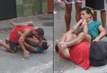 Tigth technical guillotine choke in a street fight in Brazil