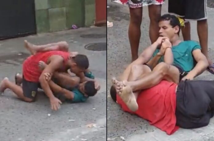 Tigth technical guillotine choke in a street fight in Brazil