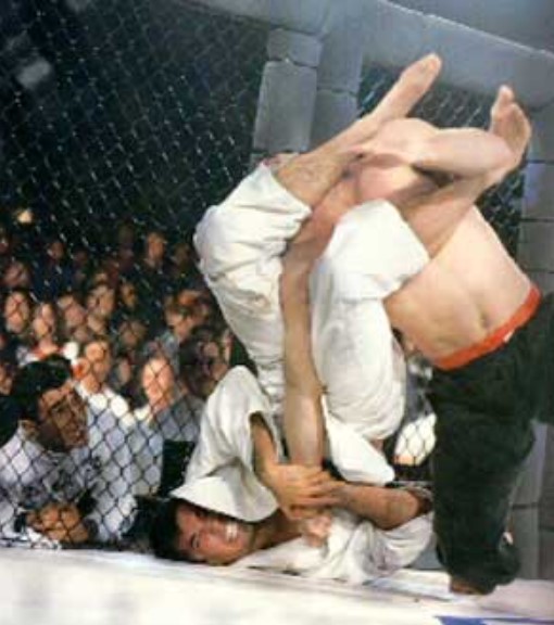 Royce Gracie in a UFC match, demonstrating Brazilian Jiu-Jitsu techniques