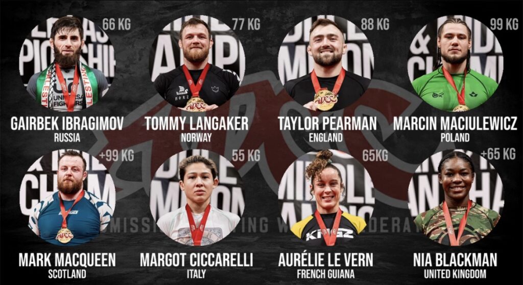 Panel picture of Gold medalists with their names and profile pictures at the European, Middle East and African ADCC trials 2024 in Zagreb, Croatia. 