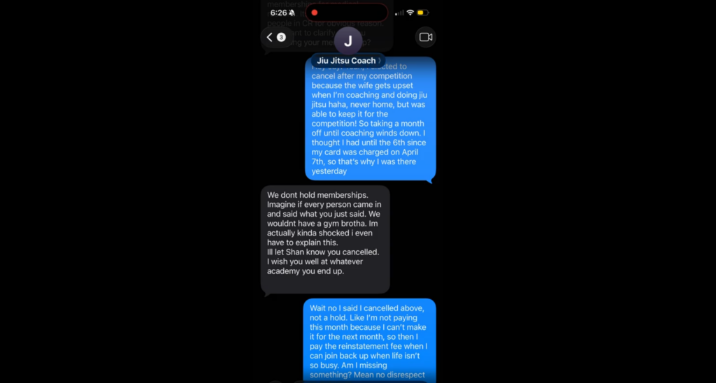 BJJ Coach Guilt Trips Student Messages Screenshot