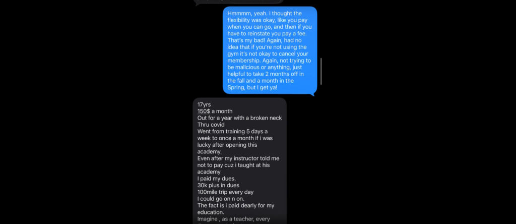 BJJ Coach Guilt Trips Student Over Membership Messages Screenshot